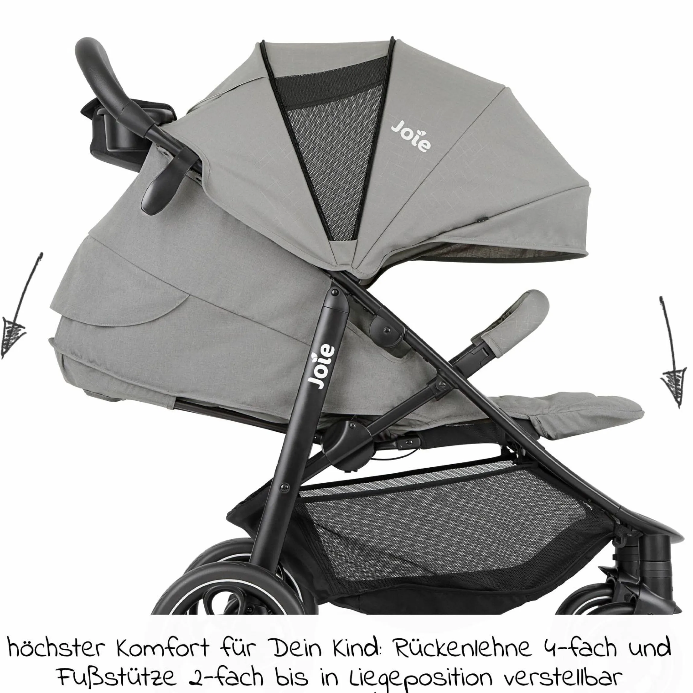 Buggy & Sportwagen Litetrax bis 22 kg belastbar mit Schieber-Ablagefach inkl. Insektenschutz & Regenschutz - Pebble - Kollektion 2025