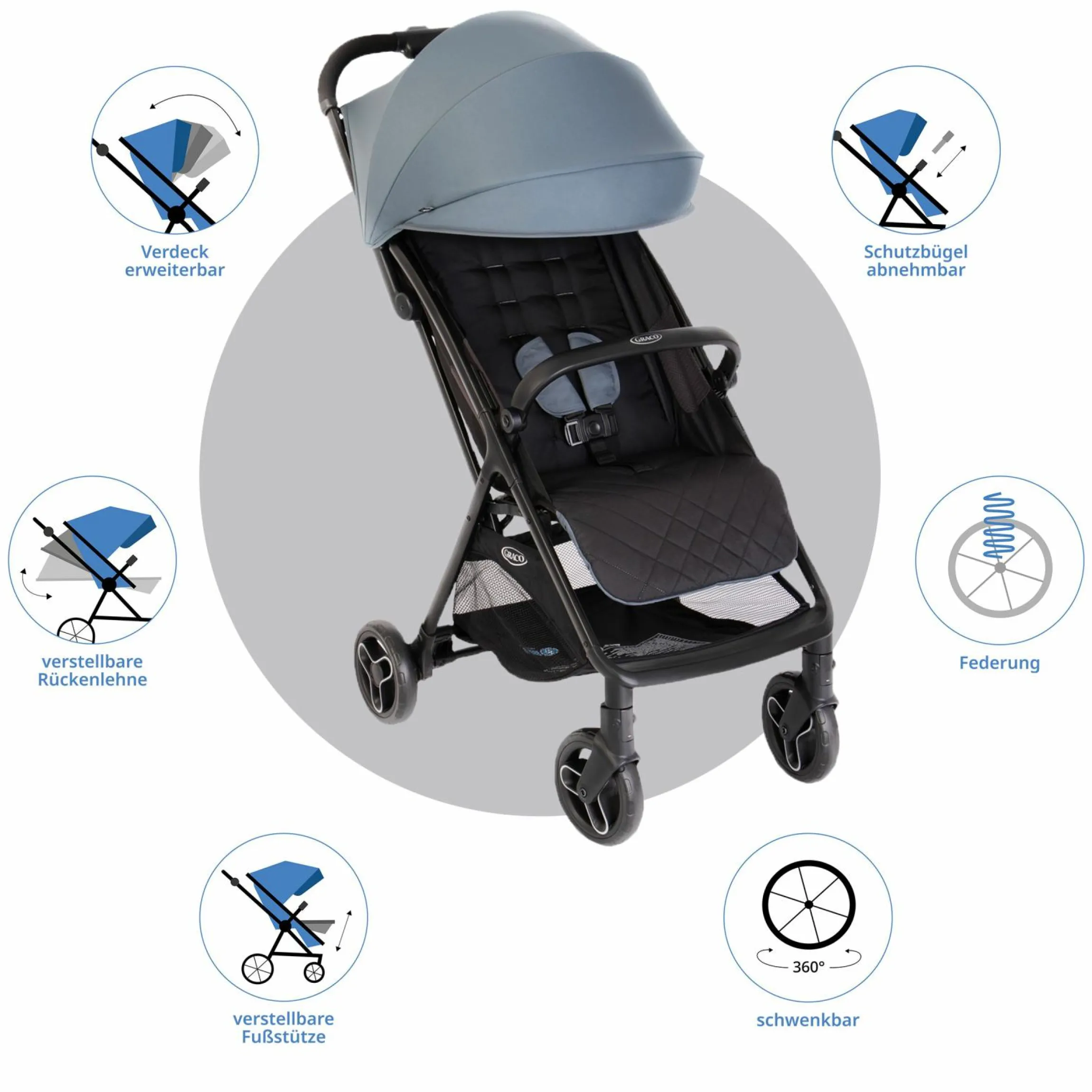 Buggy- & Sportwagen Myavo bis 22 kg belastbar nur 5,8 kg leicht mit Liegefunktion & Regenschutz - Stormy