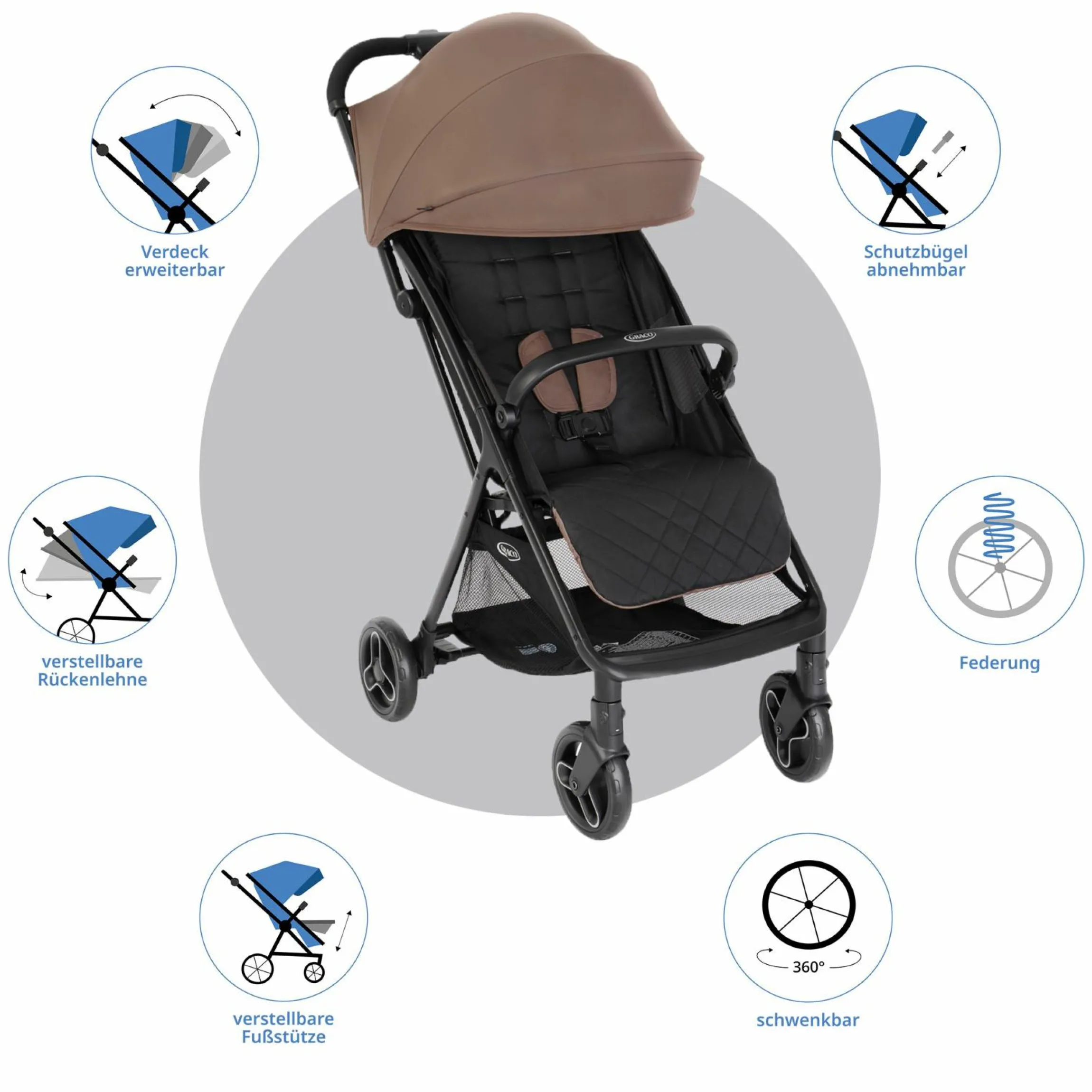 Buggy- & Sportwagen Myavo bis 22 kg belastbar nur 5,8 kg leicht mit Liegefunktion & Regenschutz - Fossil