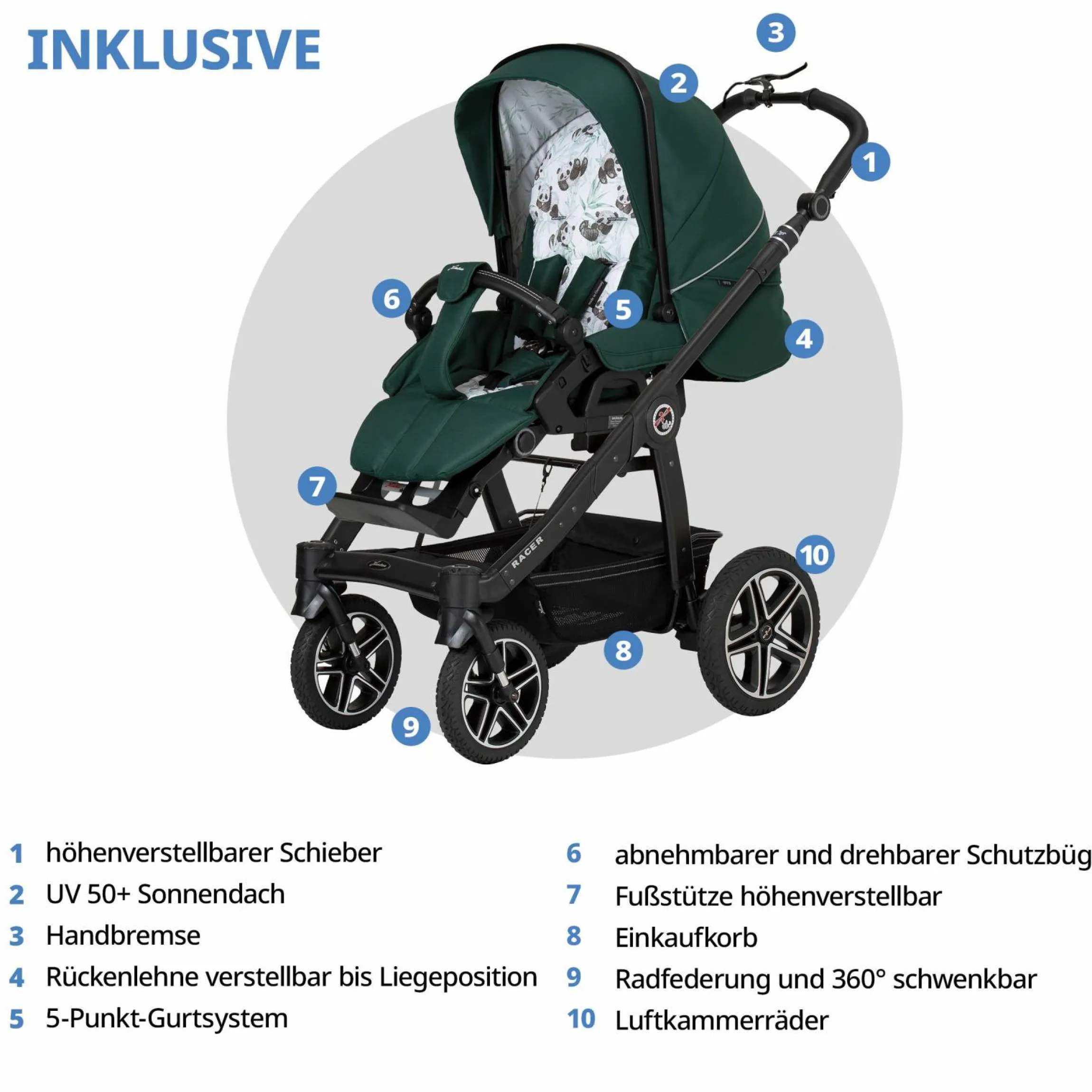 Buggy & Sportwagen Racer GTS bis 22 kg belastbar mit Handbremse, Knickschieber inkl. Regenschutz - Panda Family - Kollektion 2024