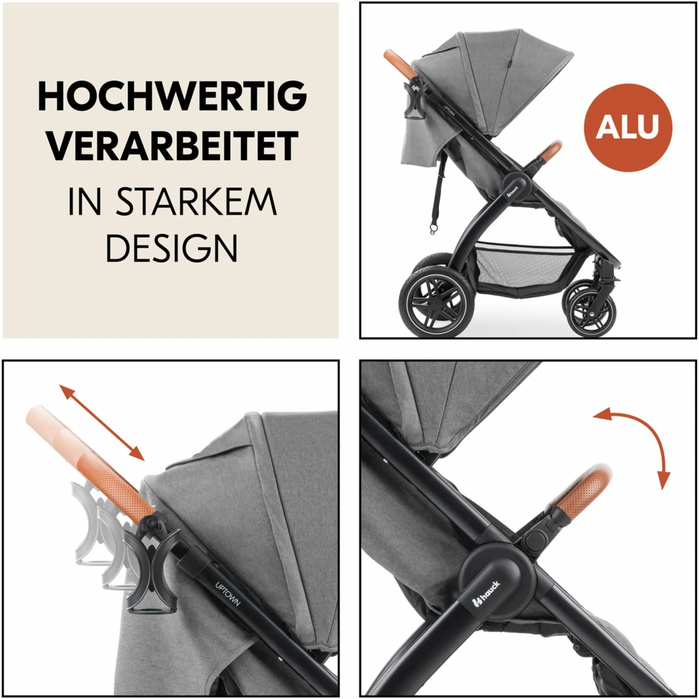 Buggy & Sportwagen UpTown Black (mit Liegefunktion & Einhand-Faltung) inkl. XXL Zubehörpaket - Melange Grey