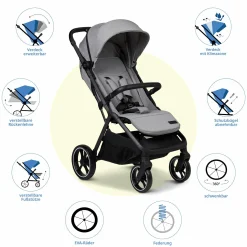 Buggy & Sportwagen Zac bis 22 kg mit Liegeposition, Einhand-Faltmechanismus inkl. Regenschutz & Transporttasche - Stone Melange