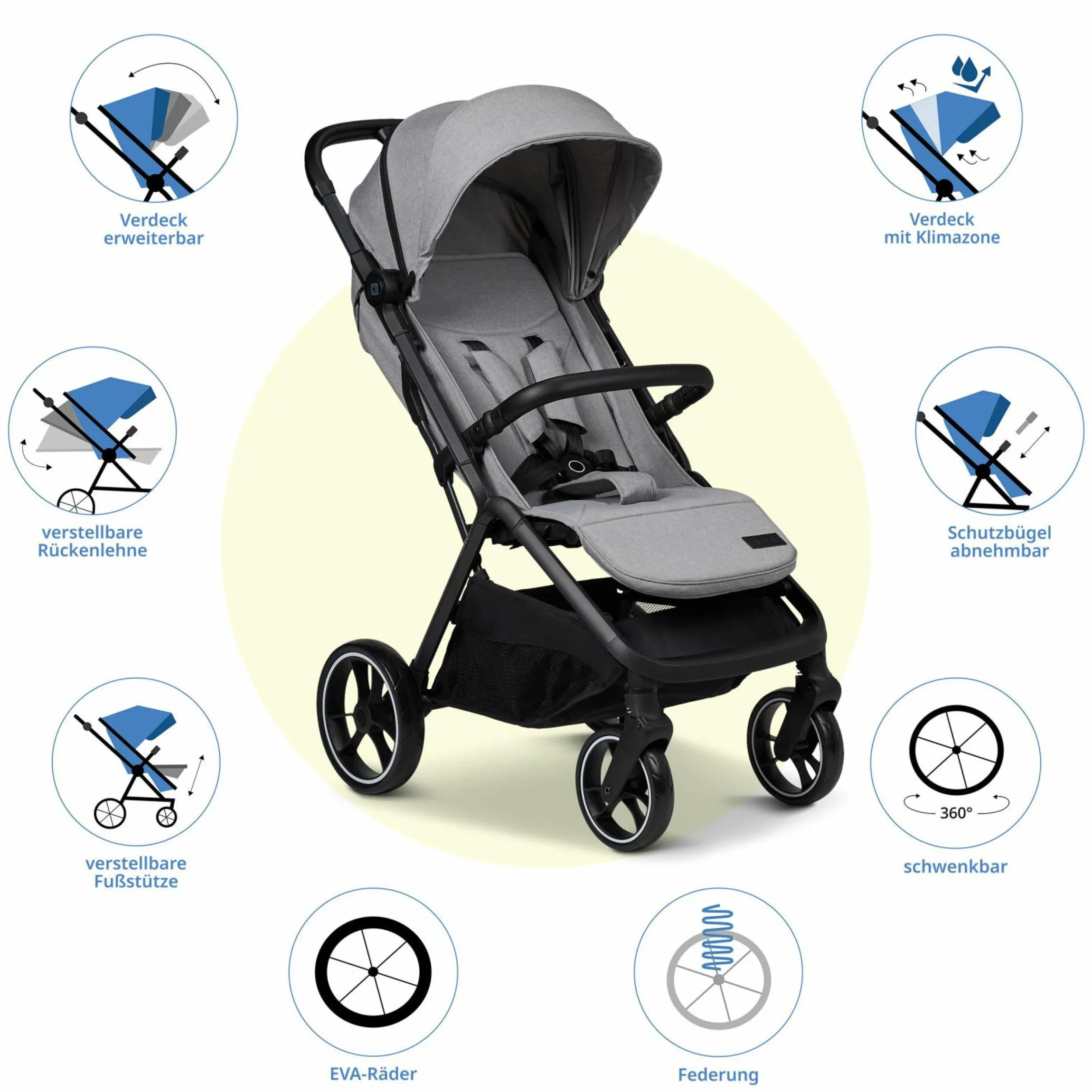 Buggy & Sportwagen Zac bis 22 kg mit Liegeposition, Einhand-Faltmechanismus inkl. Regenschutz & Transporttasche - Stone Melange