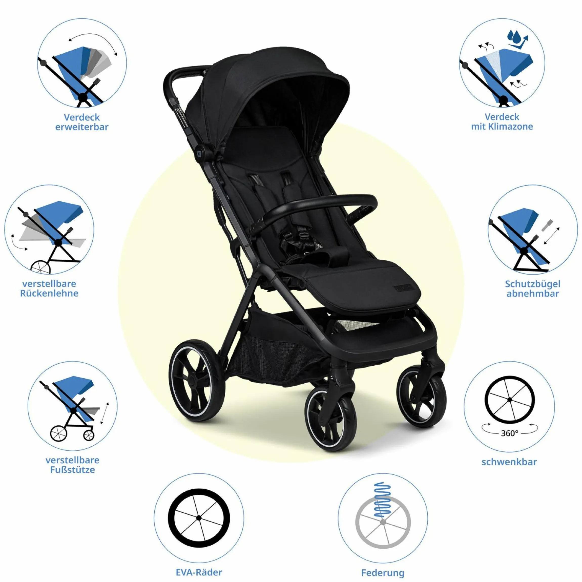 Buggy & Sportwagen Zac bis 22 kg mit Liegeposition, Einhand-Faltmechanismus inkl. Regenschutz & Transporttasche - Onyx Melange