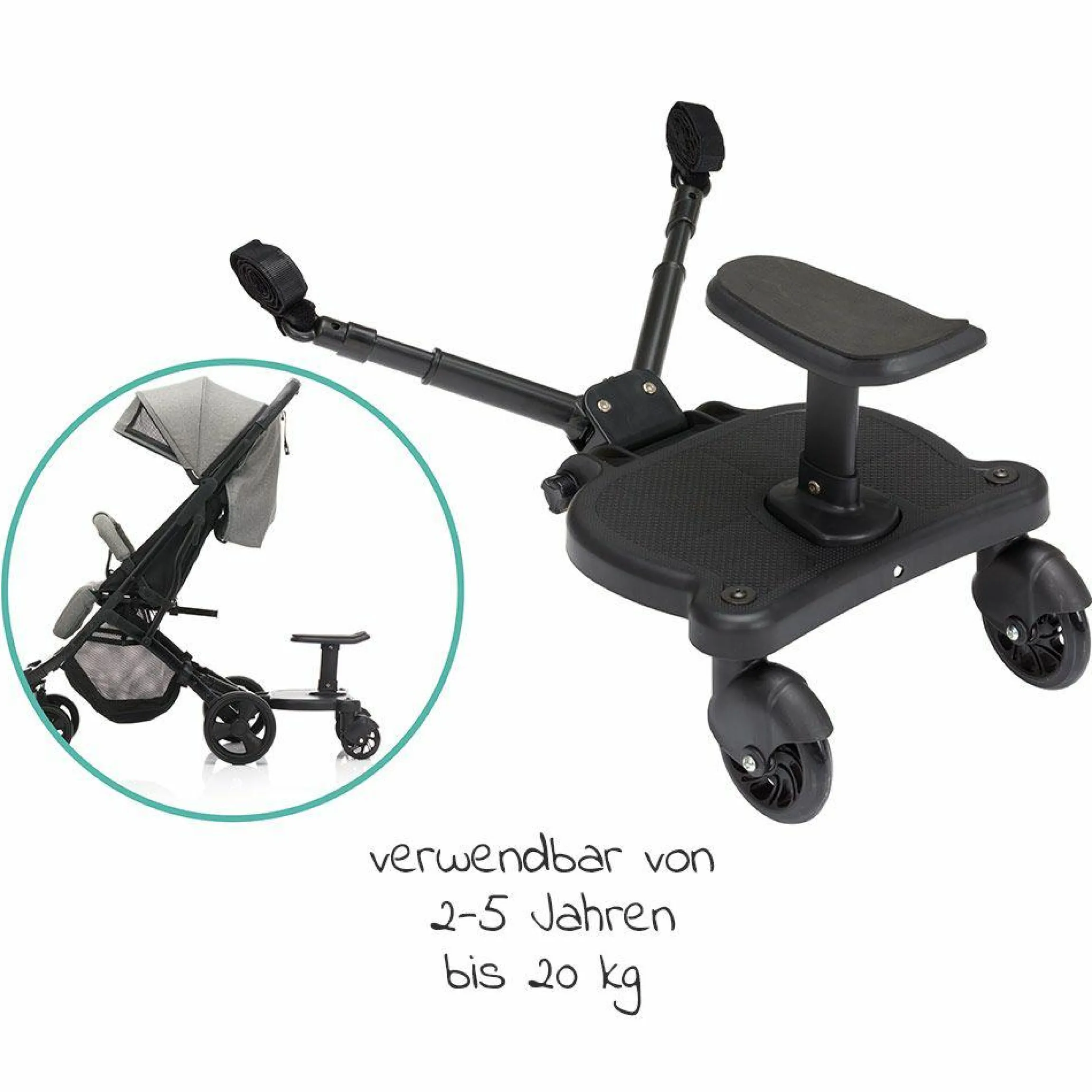 Buggy Board Mitfahrbrett Basic mit Sitz für alle gängigen Kinderwagen - Schwarz