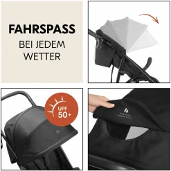 Buggy Rapid 3 Air (bis 25 kg) - mit Luftreifen, Liegefunktion und XL Verdeck - Black