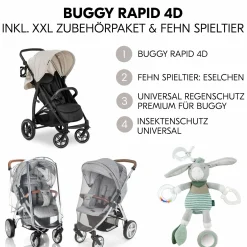 Buggy Rapid 4D (bis 25 kg) - XL Verdeck & All-Terrain Bereifung - inkl. XXL Zubehörpaket & Fehn Spieltier Eselchen - Classic Beige