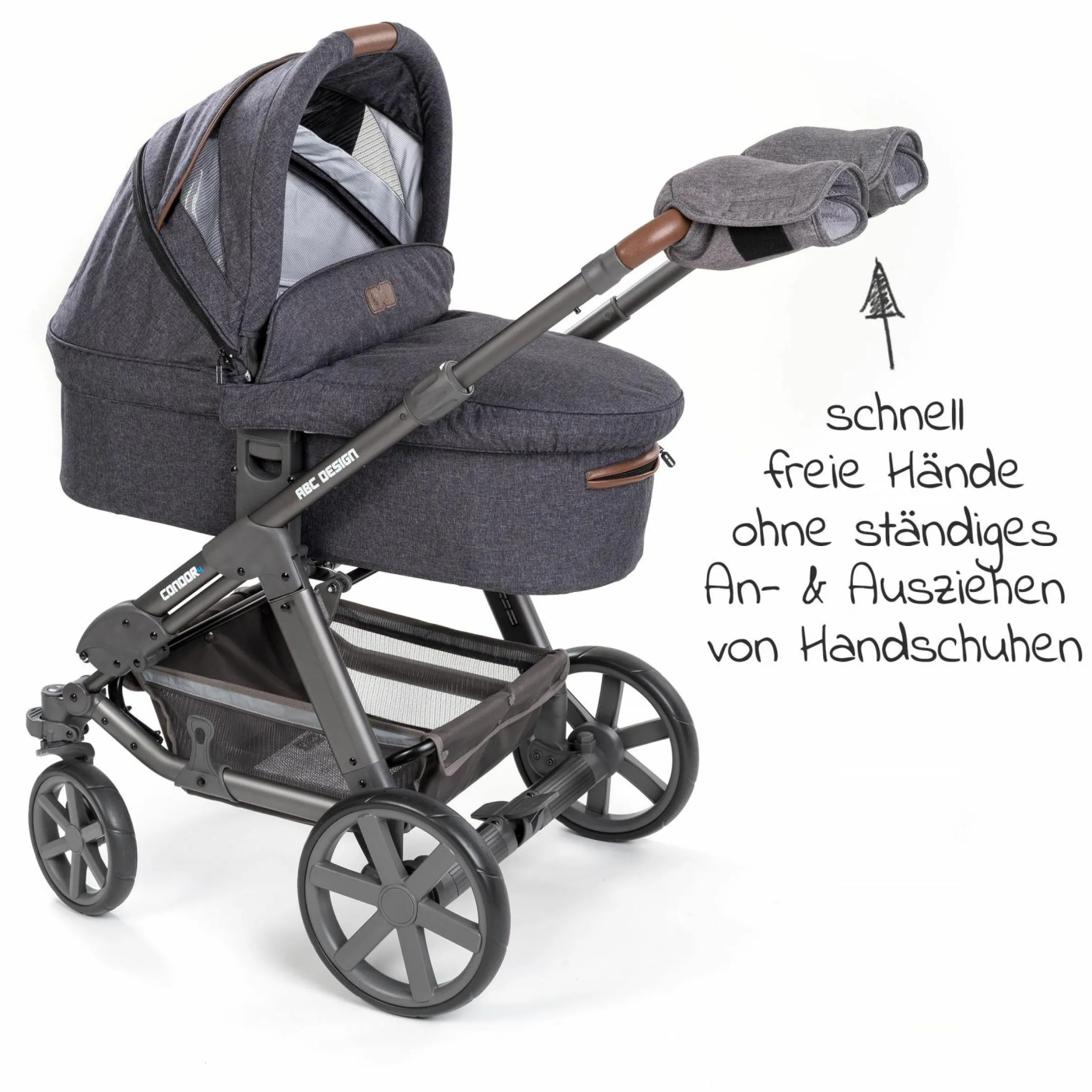 Deluxe Handschuhe / Handwärmer für Kinderwagen & Buggys mit 2 Griffen - Melange Grau