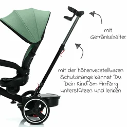 Dreirad Niki 360 mit drehbarem Sitz, höhenverstellbare Schiebestange, Sonnendach, Freilauf & Ablagekorb Schwarz Grün