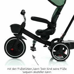 Dreirad Niki 360 mit drehbarem Sitz, höhenverstellbare Schiebestange, Sonnendach, Freilauf & Ablagekorb Schwarz Grün