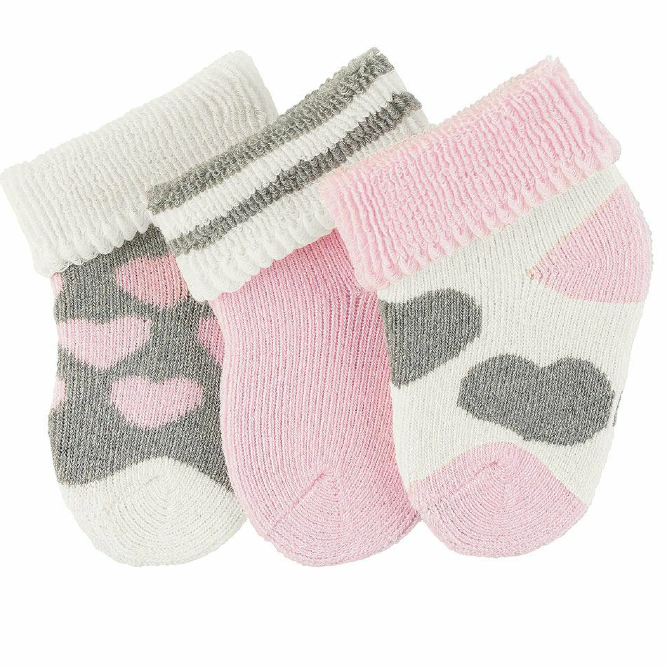 3er Pack Erstlingssocken mit Umschlag Vollplüsch - Herzen - Rosa Grau - Gr. 0 - 4 Monate