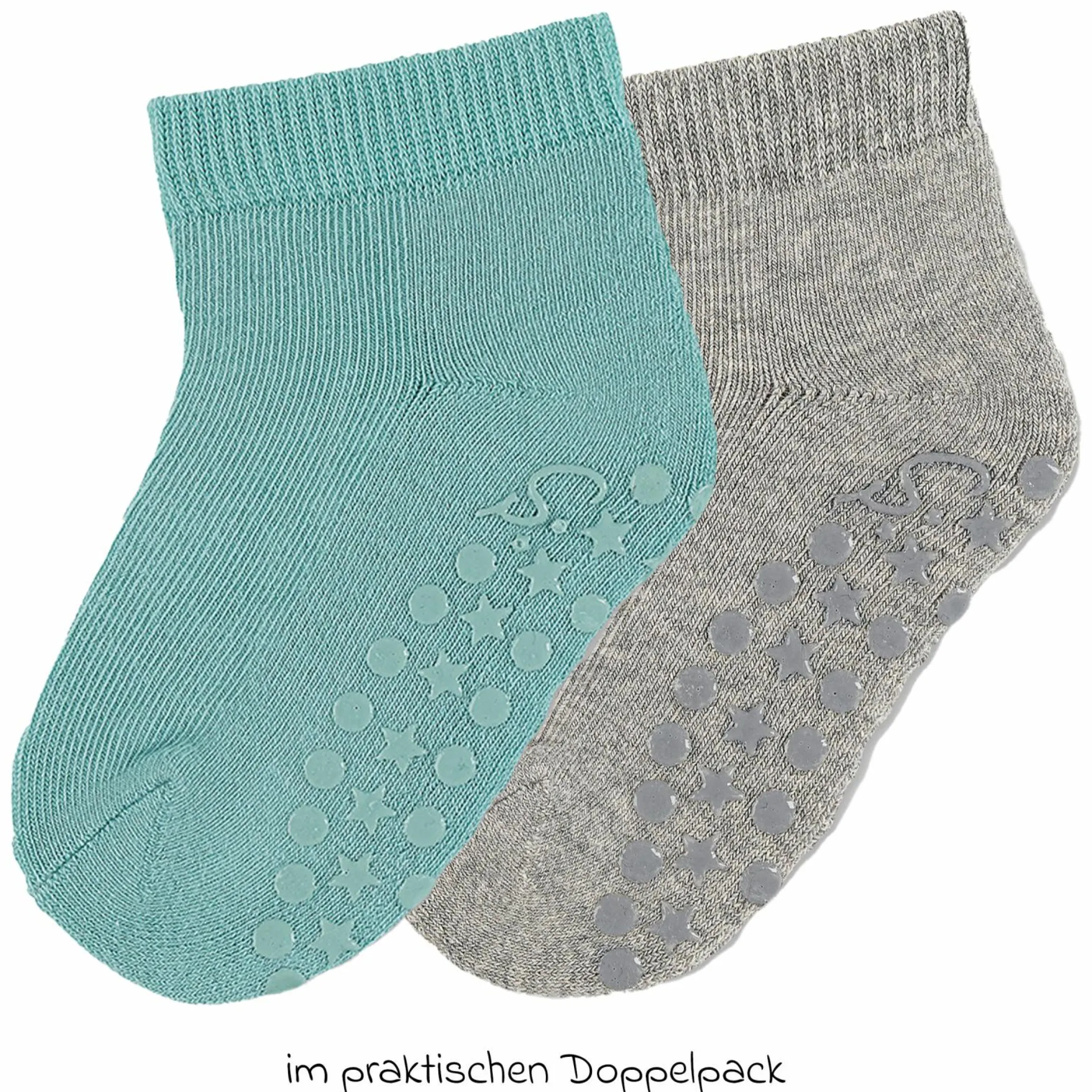 2er Pack Krabbelsocken Kurz Vollplüsch im Sohlenbereich - Grau Türkis - Gr. 17/18