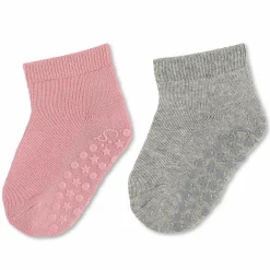 2er Pack Krabbelsocken Kurz Vollplüsch im Sohlenbereich - Grau Rosa - Gr. 19/20