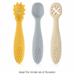 3er Pack Silikon Babylöffel Little Yummie mit verschiedene Strkturen, Anti-Rutschnoppen & ergonomischer Griff - Bunt