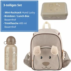 3er Set Rucksack, Brotdose & Trinkflasche - Hund Lucky