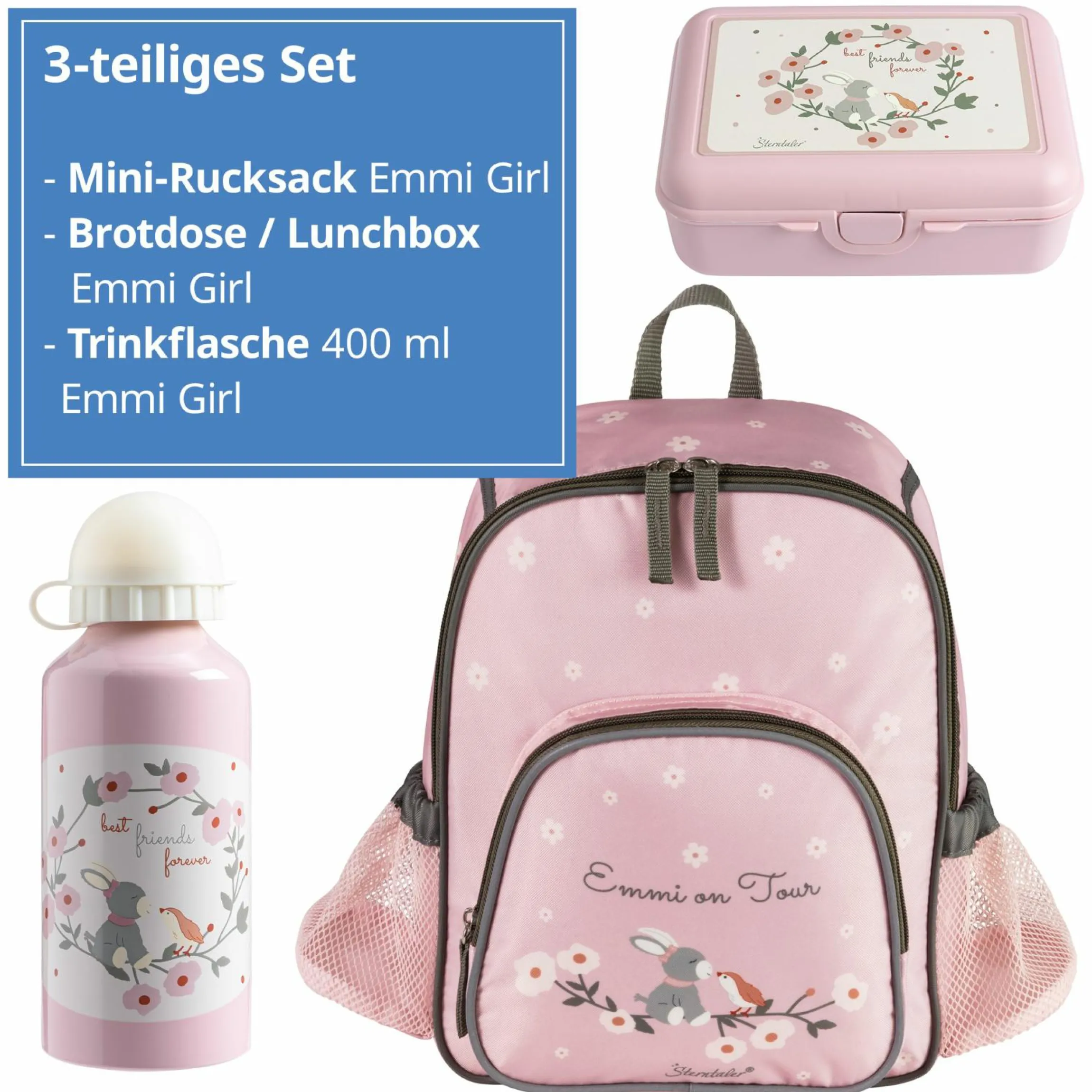 3er Set Rucksack, Brotdose & Trinkflasche - Emmi Girl