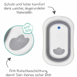 Faltbadewanne Orka mit ausklappbaren Standbeinen, Stöpsel & Antirutschbeschichtung inkl. Kapuzentuch mit Elefantenmotiv 75 x 75 cm - Grau Weiß