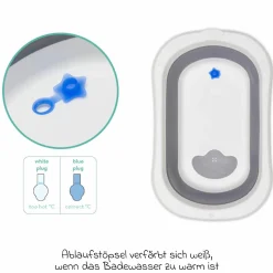 Faltbadewanne Orka mit ausklappbaren Standbeinen, Stöpsel & Antirutschbeschichtung inkl. Kapuzentuch mit Elefantenmotiv 75 x 75 cm - Grau Weiß