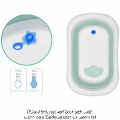 Faltbadewanne Orka mit ausklappbaren Standbeinen, Stöpsel & Antirutschbeschichtung inkl. Kapuzentuch mit Elefantenmotiv 75 x 75 cm - Salbei Weiß