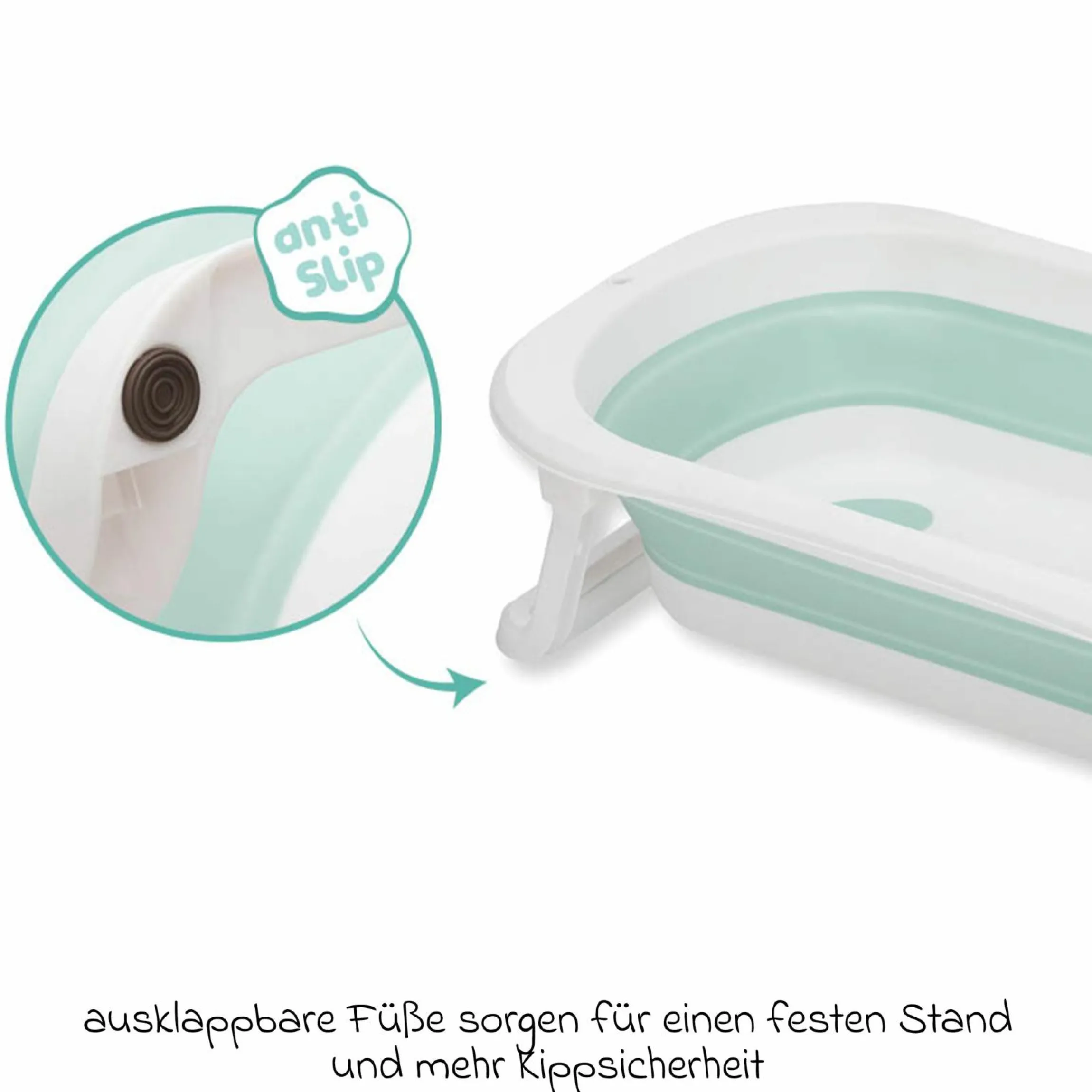 Faltbadewanne Orka mit ausklappbaren Standbeinen, Stöpsel & Antirutschbeschichtung inkl. Kapuzentuch mit Elefantenmotiv 75 x 75 cm - Salbei Weiß