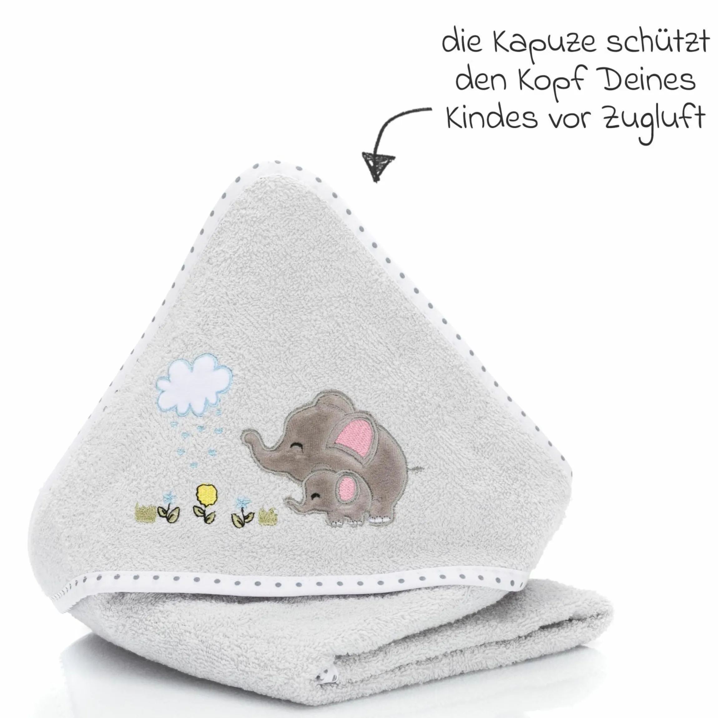 Faltbadewanne Orka mit ausklappbaren Standbeinen, Stöpsel & Antirutschbeschichtung inkl. Kapuzentuch mit Elefantenmotiv 75 x 75 cm - Salbei Weiß
