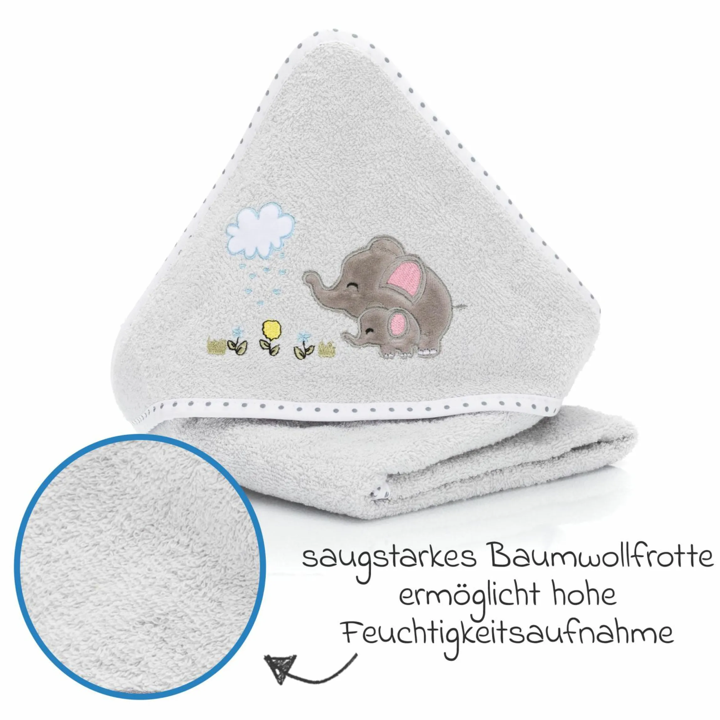 Faltbadewanne Orka mit ausklappbaren Standbeinen, Stöpsel & Antirutschbeschichtung inkl. Kapuzentuch mit Elefantenmotiv 75 x 75 cm - Salbei Weiß