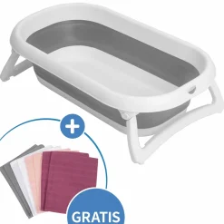 Faltbare Baby-Badewanne Bath 2 Go + Gratis Mull-Waschhandschuh 8er Pack - Orchidee / Puder