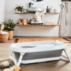 Faltbare Baby-Badewanne Bath 2 Go + Gratis Mull-Waschhandschuh 8er Pack - Orchidee / Puder