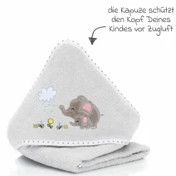Faltbare Baby-Badewanne mit integriertem Thermometer & Gestell inkl. Kapuzenbadetuch mit Elefantenmotiv 75 x 75 cm - Grau Weiß