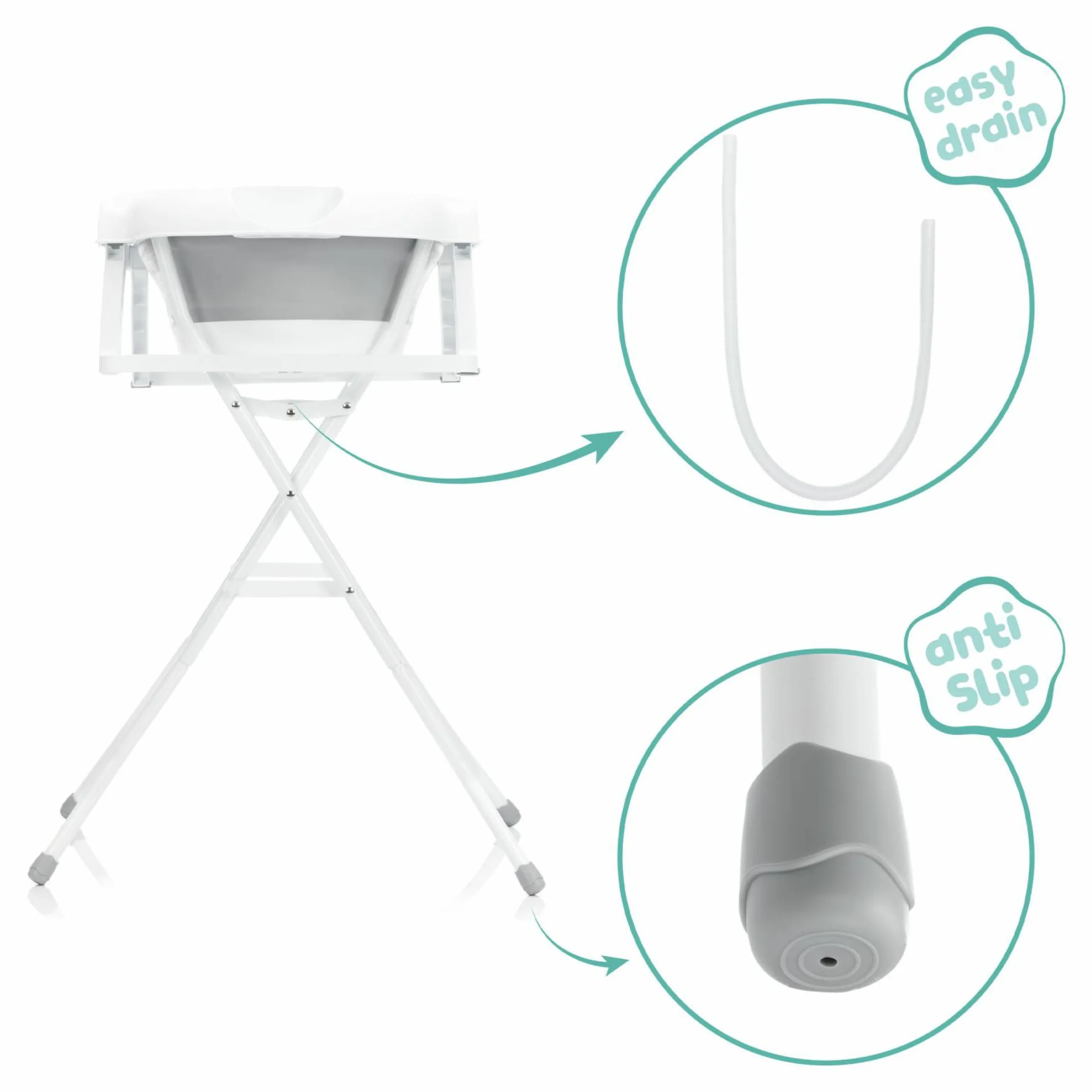 Faltbare Baby-Badewanne mit integriertem Thermometer & Gestell - Grau Weiß