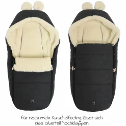 Fleece-Fußsack Hoody Maus Wool Fütterung aus 100% Schurwolle für Babyschalen und Babywanne - Dark Shadow