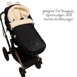 Fleece-Fußsack XL Ears Wool Fütterung aus 100% Schafwolle für Kinderwagen und Buggy - Black