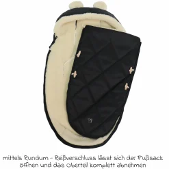 Fleece-Fußsack XL Ears Wool Fütterung aus 100% Schafwolle für Kinderwagen und Buggy - Black