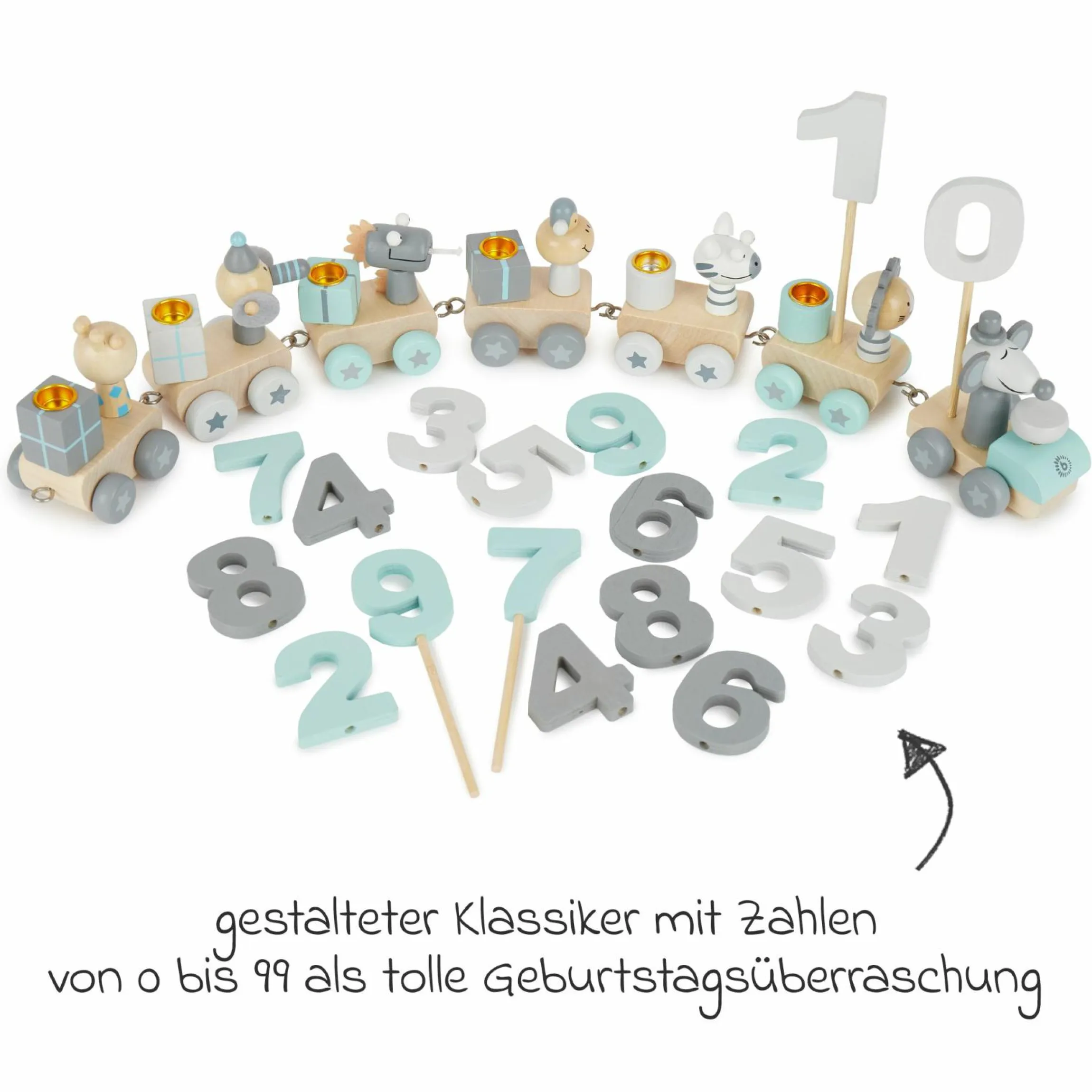 Geburtstagszug mit Zahlen - Tiere - Grau Mint