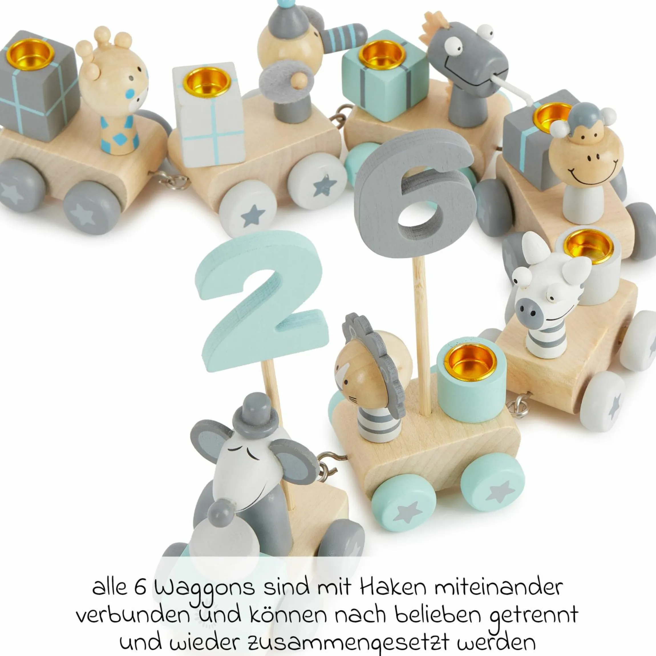 Geburtstagszug mit Zahlen - Tiere - Grau Mint