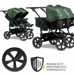 Geschwister- & Zwillingskinderwagen Duo 2 mit Luftkammerreifen - 2x Kombi-Einheit (Wanne+Sitz) mit Liegeposition & XXL Zamboo Zubehör - Olive - Kollektion 2025