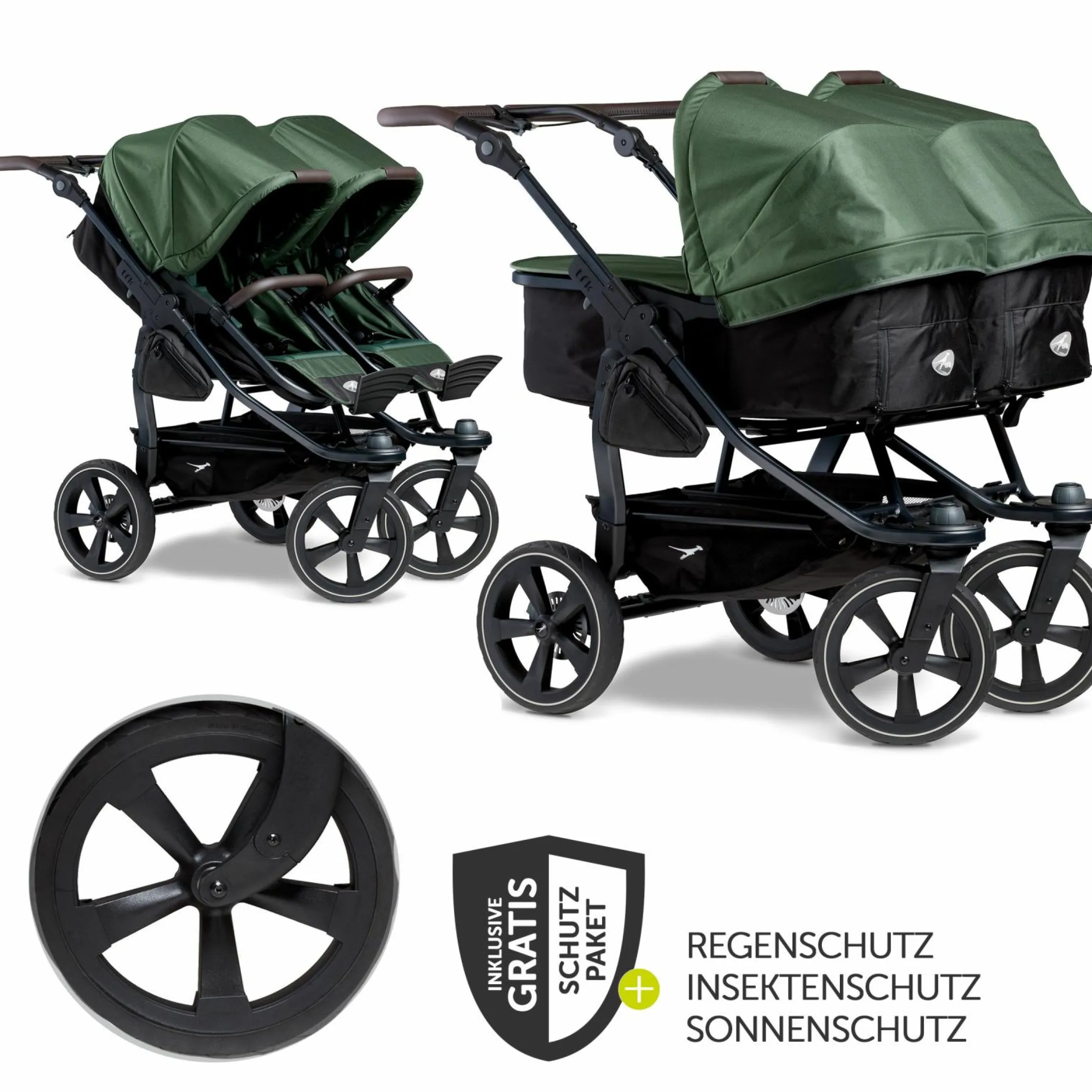 Geschwister- & Zwillingskinderwagen Duo 2 mit Luftkammerreifen - 2x Kombi-Einheit (Wanne+Sitz) mit Liegeposition & XXL Zamboo Zubehör - Olive - Kollektion 2025