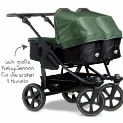 Geschwister- & Zwillingskinderwagen Duo 2 mit Luftkammerreifen - 2x Kombi-Einheit (Wanne+Sitz) mit Liegeposition & XXL Zamboo Zubehör - Olive - Kollektion 2025