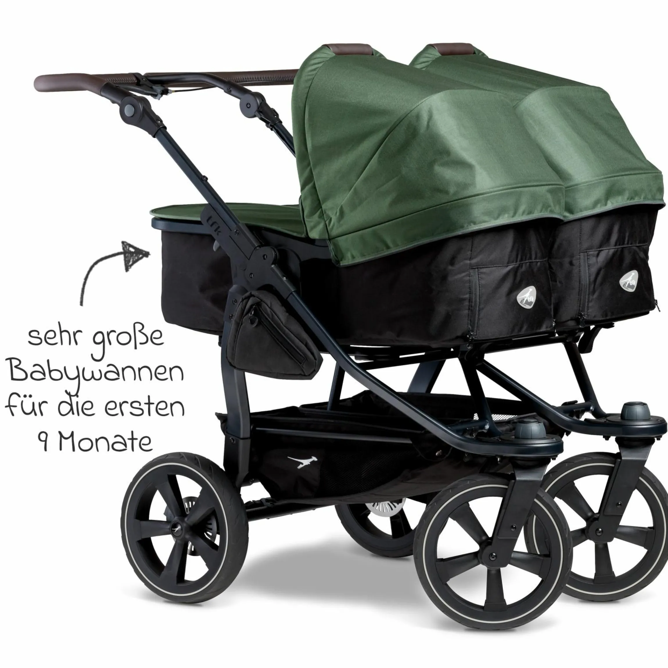 Geschwister- & Zwillingskinderwagen Duo 2 mit Luftkammerreifen - 2x Kombi-Einheit (Wanne+Sitz) mit Liegeposition & XXL Zamboo Zubehör - Olive - Kollektion 2025
