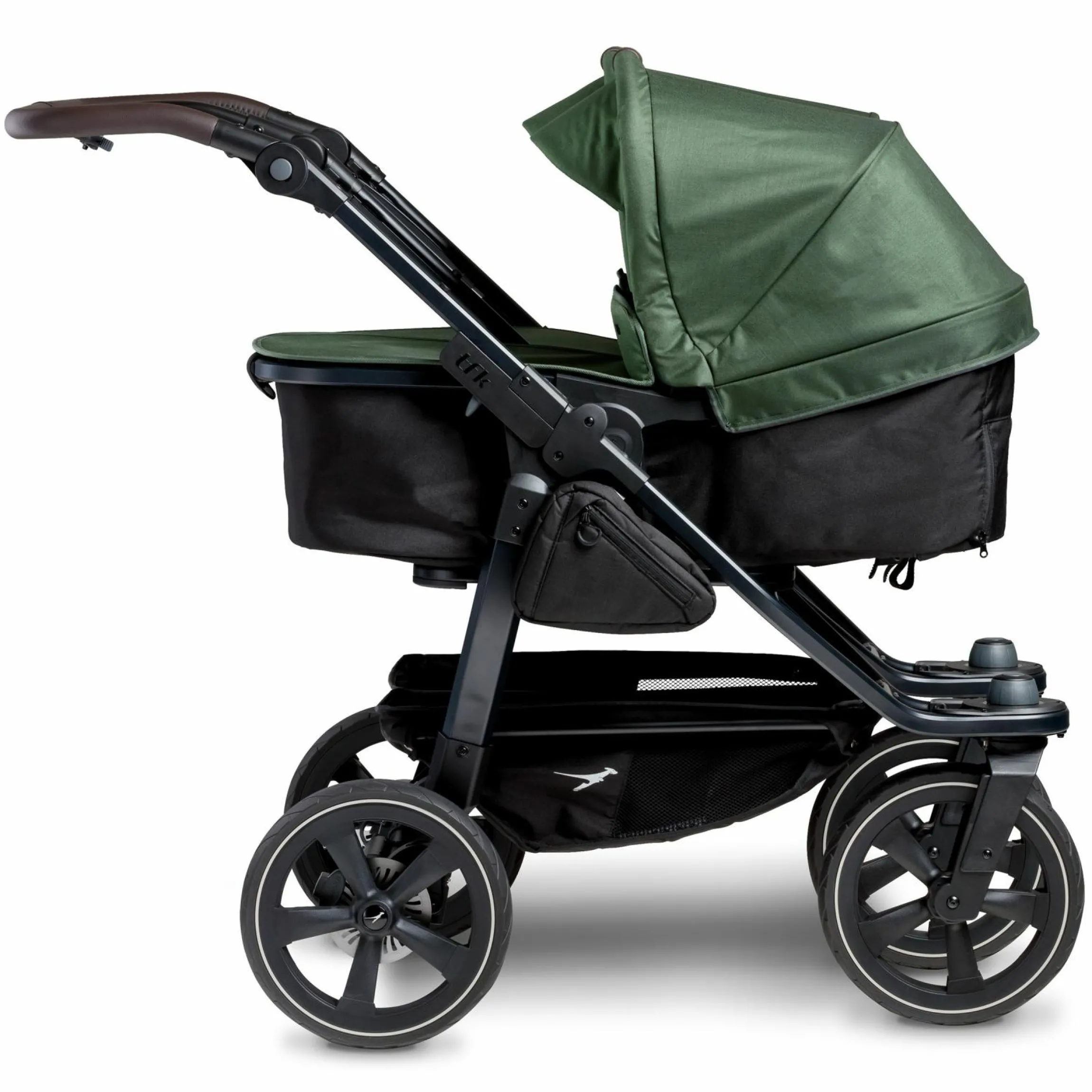 Geschwister- & Zwillingskinderwagen Duo 2 mit Luftkammerreifen - 2x Kombi-Einheit (Wanne+Sitz) mit Liegeposition & XXL Zamboo Zubehör - Olive - Kollektion 2025