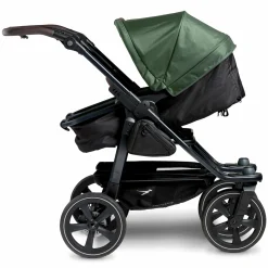 Geschwister- & Zwillingskinderwagen Duo 2 mit Luftkammerreifen - 2x Kombi-Einheit (Wanne+Sitz) mit Liegeposition & XXL Zamboo Zubehör - Olive - Kollektion 2025