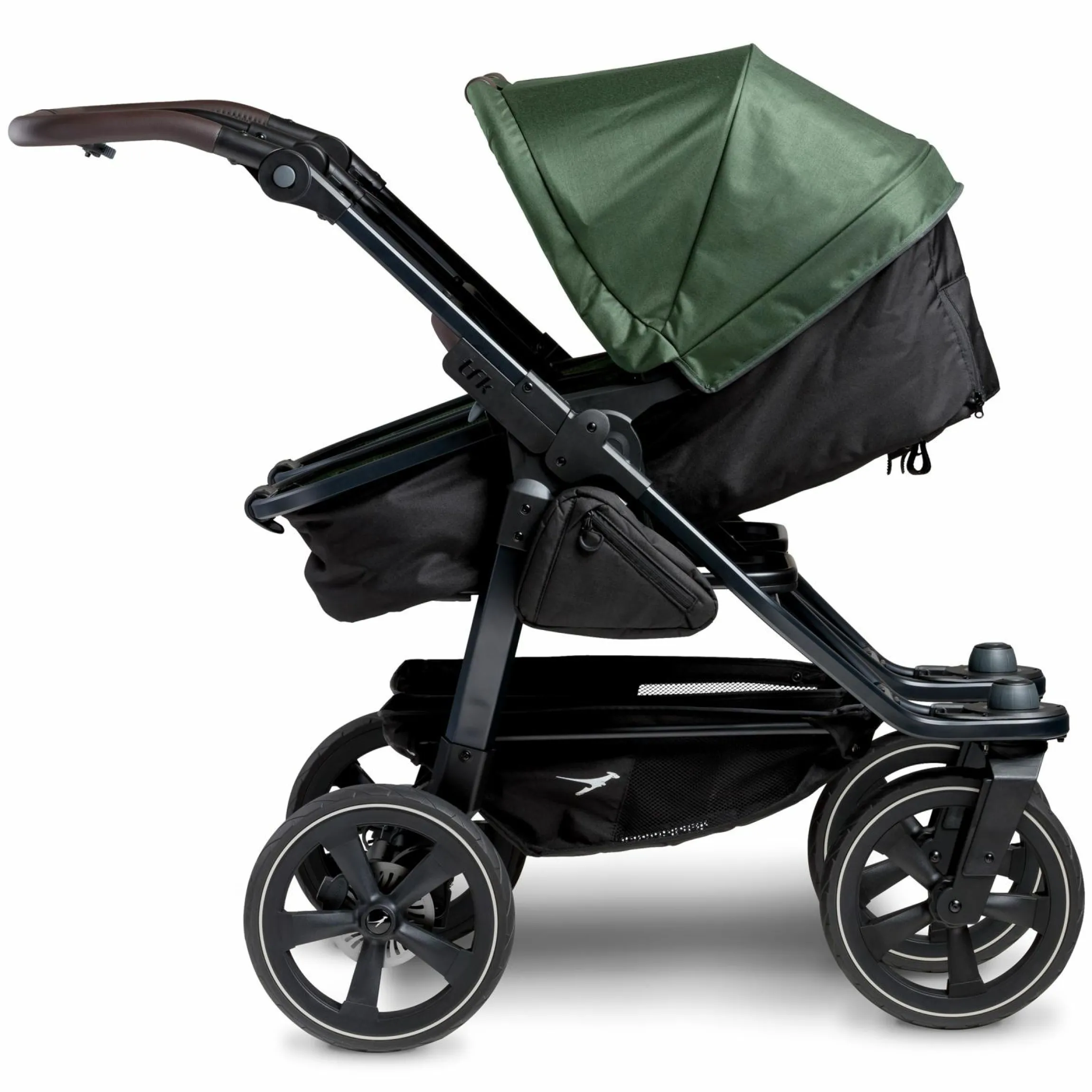 Geschwister- & Zwillingskinderwagen Duo 2 mit Luftkammerreifen - 2x Kombi-Einheit (Wanne+Sitz) mit Liegeposition & XXL Zamboo Zubehör - Olive - Kollektion 2025