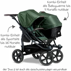 Geschwister- & Zwillingskinderwagen Duo 2 mit Luftkammerreifen - 2x Kombi-Einheit (Wanne+Sitz) mit Liegeposition & XXL Zamboo Zubehör - Olive - Kollektion 2025
