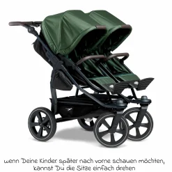 Geschwister- & Zwillingskinderwagen Duo 2 mit Luftkammerreifen - 2x Kombi-Einheit (Wanne+Sitz) mit Liegeposition & XXL Zamboo Zubehör - Olive - Kollektion 2025