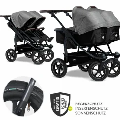 Geschwister- & Zwillingskinderwagen Duo 2 mit Luftreifen - 2x Kombi-Einheit (Wanne+Sitz) mit Liegeposition & XXL Zamboo Zubehör - Premium Grau - Kollektion 2025