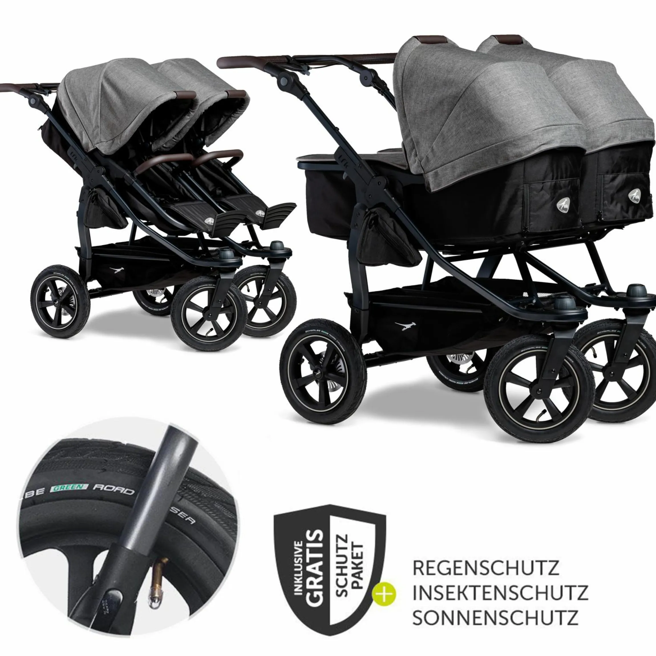 Geschwister- & Zwillingskinderwagen Duo 2 mit Luftreifen - 2x Kombi-Einheit (Wanne+Sitz) mit Liegeposition & XXL Zamboo Zubehör - Premium Grau - Kollektion 2025