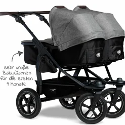 Geschwister- & Zwillingskinderwagen Duo 2 mit Luftreifen - 2x Kombi-Einheit (Wanne+Sitz) mit Liegeposition & XXL Zamboo Zubehör - Premium Grau - Kollektion 2025