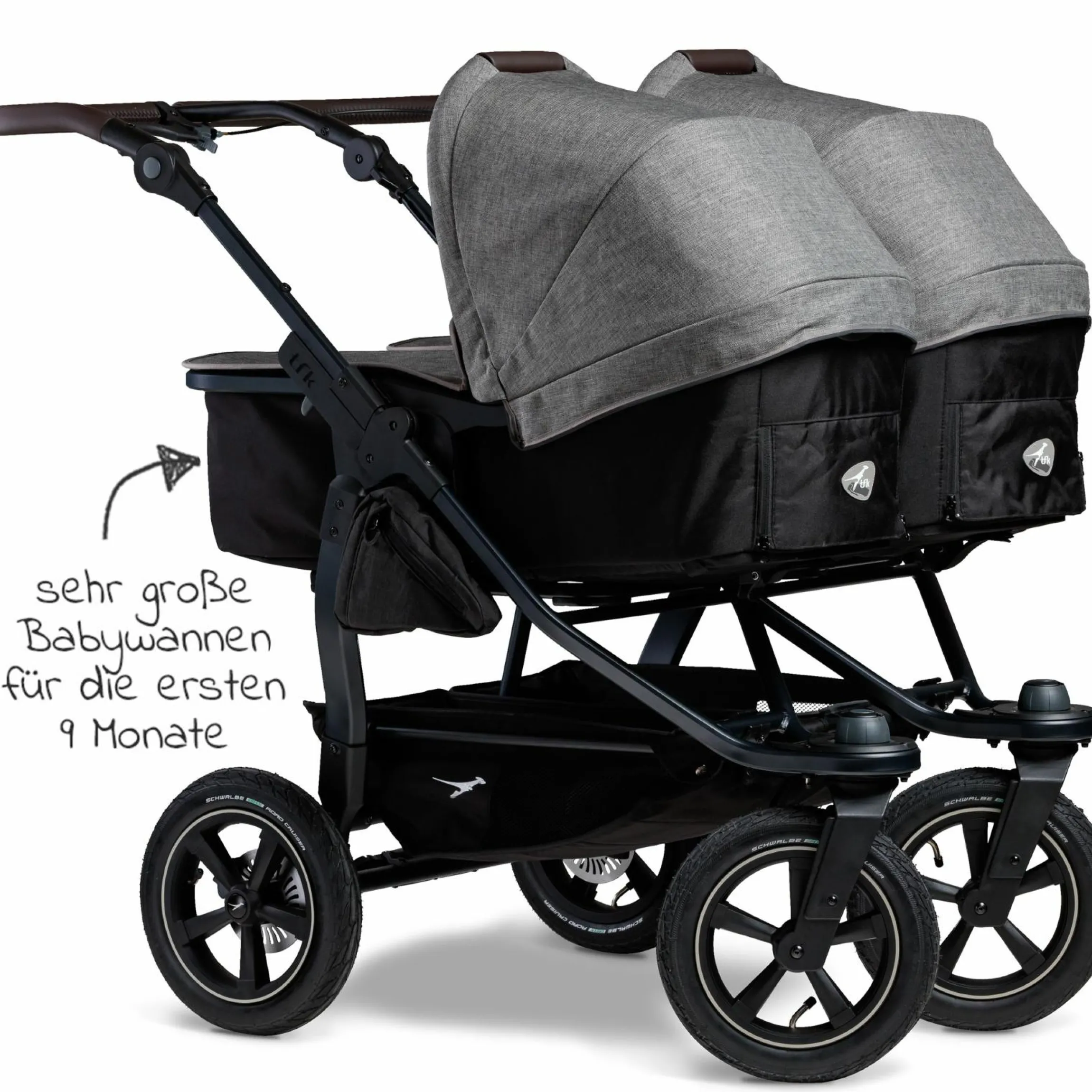 Geschwister- & Zwillingskinderwagen Duo 2 mit Luftreifen - 2x Kombi-Einheit (Wanne+Sitz) mit Liegeposition & XXL Zamboo Zubehör - Premium Grau - Kollektion 2025