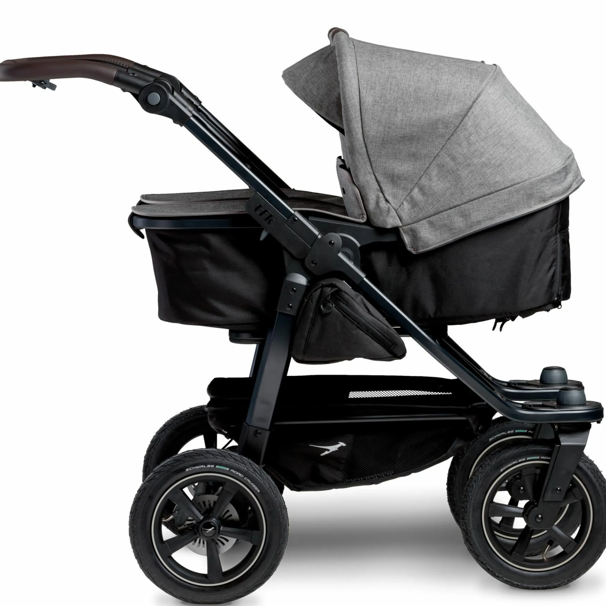 Geschwister- & Zwillingskinderwagen Duo 2 mit Luftreifen - 2x Kombi-Einheit (Wanne+Sitz) mit Liegeposition & XXL Zamboo Zubehör - Premium Grau - Kollektion 2025