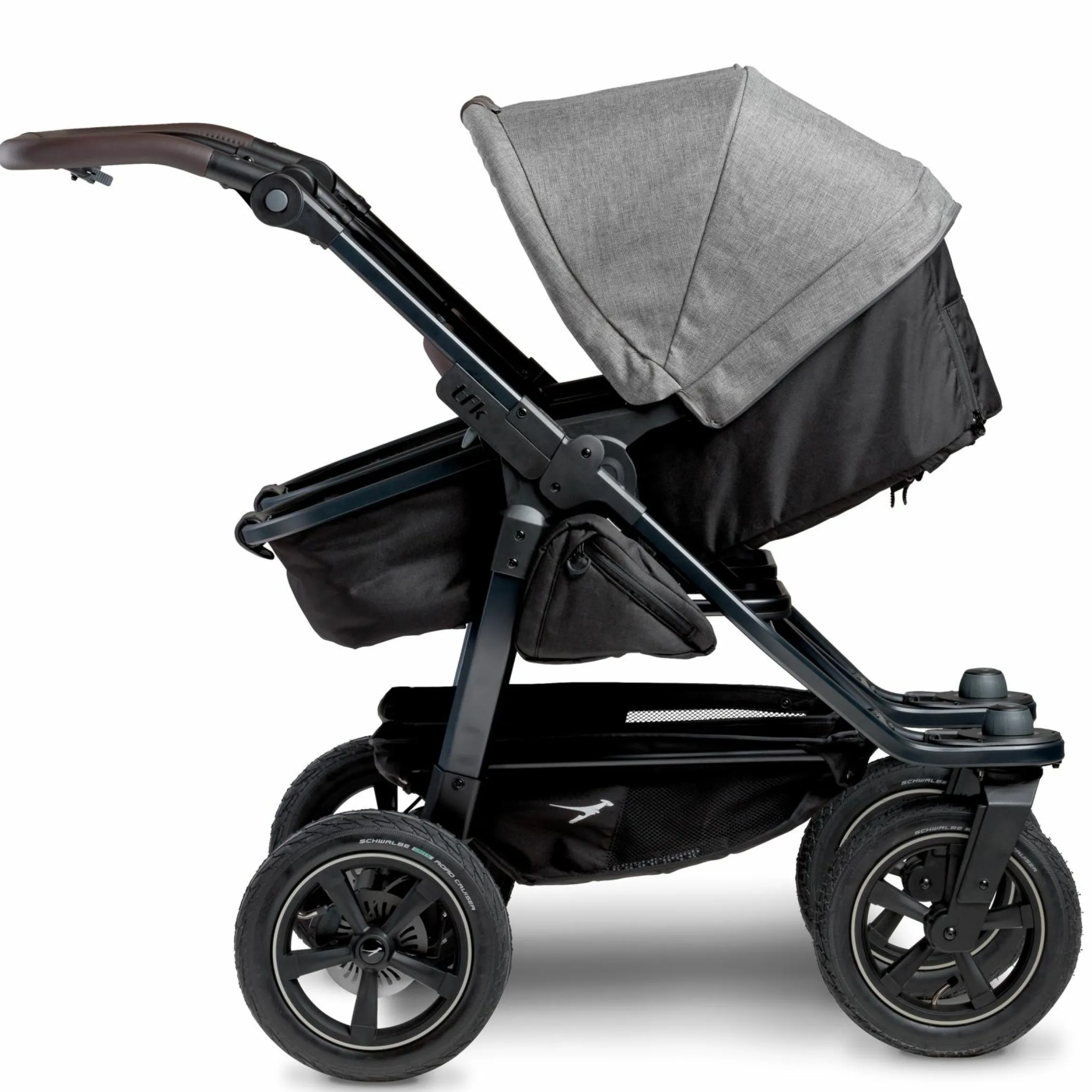 Geschwister- & Zwillingskinderwagen Duo 2 mit Luftreifen - 2x Kombi-Einheit (Wanne+Sitz) mit Liegeposition & XXL Zamboo Zubehör - Premium Grau - Kollektion 2025